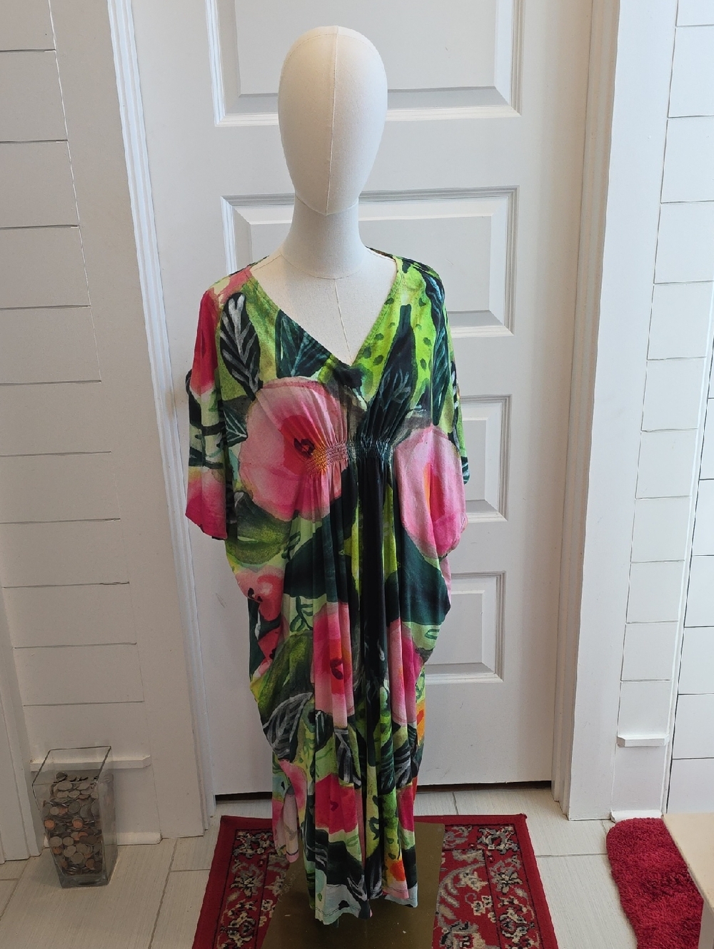 Floral V-Neck Maxi Dress in Bright Pink & Lime Green